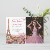 Sweet 16 Birthday Pink Floral Paris Eiffel Foto Kaart (Staand voorkant)