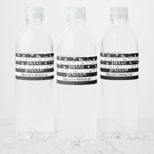 Sweet 16 Birthday Silver Confetti Black Stripes Waterfles Etiket