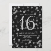 Sweet 16 Birthday Silver Glam Glitter Black Kaart (Voorkant)
