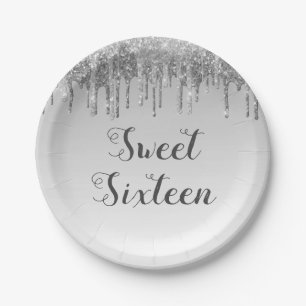 Sweet 16 Birthday Silver Glitter Sparkle Papieren Bordje