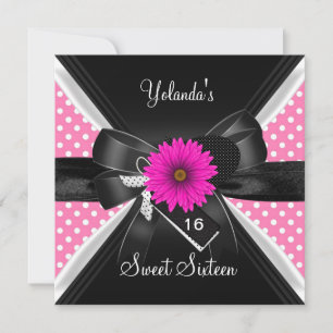 Sweet 16 Birthday Spot Polka Dot Black White Pink Kaart
