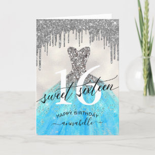 Sweet 16 Birthday Zilveren Glitter Druppels Kaart