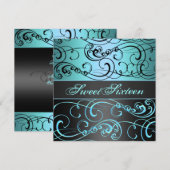 Sweet 16 Black/Blue Swirl Invitation Anniversaire (Devant / Derrière)