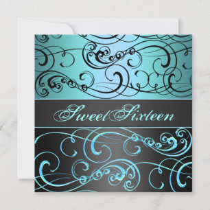 Sweet 16 Black/Blue Swirl Invitation Anniversaire