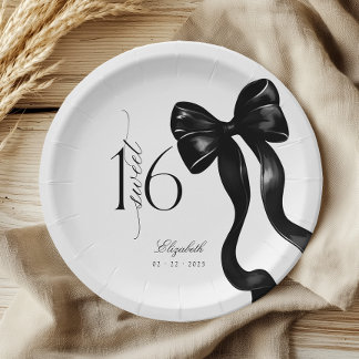 Sweet 16 Black Bow Verjaardagspapier Borden Papieren Bordje