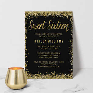 Sweet 16 Black Gold Glitter Birthday Kaart