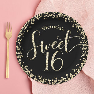 Sweet 16 Black Gold Glitter Confetti Chic Birthday Papieren Bordje