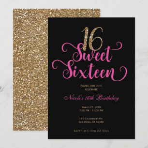 Sweet 16 Black Hot Pink Gold Glitter Birthday Kaart