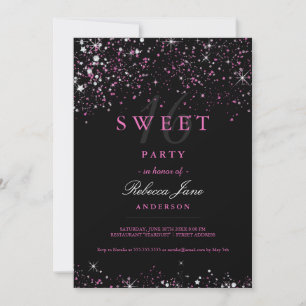 Sweet 16 Black Pink Sparkle Glitter Invitation Kaart