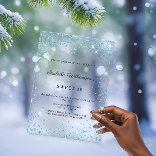 Sweet 16 blauwe glitters winter feest bevroren acryl uitnodigingen