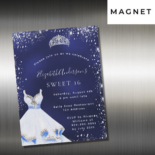 Sweet 16 blauwe zilverglitter jurk tiara glamoureu magnetische uitnodiging
