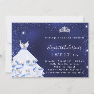 Sweet 16 blauwe zilverglitter jurk tiara kaart