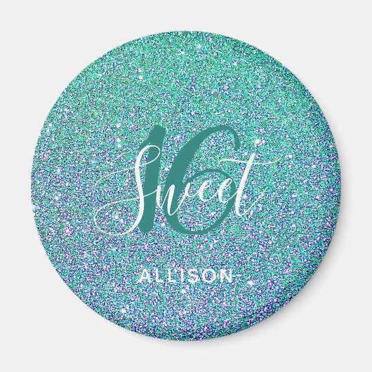 Sweet 16 Blauwgroen Blue Glitter Party Favor Magneet (Voorkant)