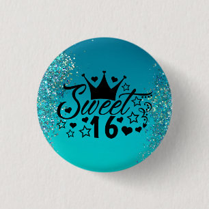 Sweet 16 Blauwgroen Glitter Sparkle Birthday Butto Ronde Button 3,2 Cm