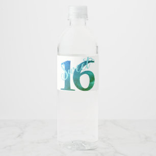 Sweet 16   Blauwgroen groene grunge en faux glitte Waterfles Etiket