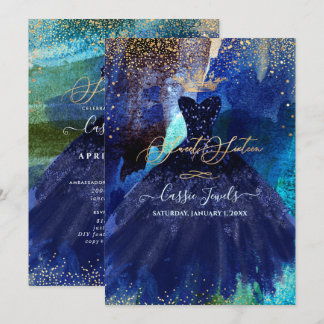 Sweet 16 Blauwgroen marineblauwe Waterverf jurk Kaart