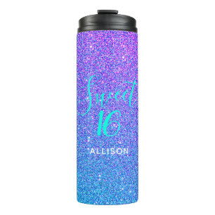 Sweet 16 Blauwgroen Paars Glitter Ombre Personaliz Thermosbeker