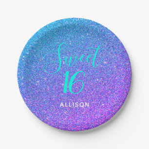 Sweet 16 Blauwgroen Paars Ombre Glitter Personaliz Papieren Bordje