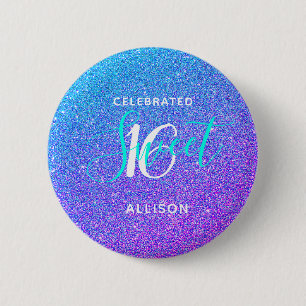 Sweet 16 Blauwgroen Paarse Glitter Name Party Favo Ronde Button 5,7 Cm