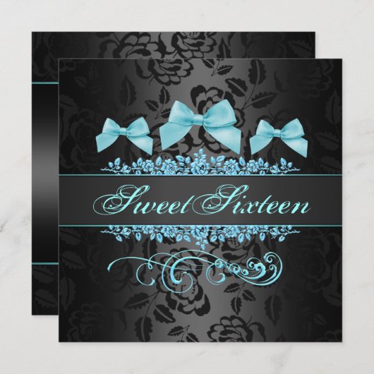 Sweet 16 Bleu & Black Bow Invitation d'anniversair (Devant / Derrière)
