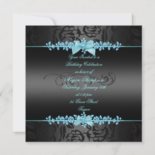 Sweet 16 Bleu & Black Bow Invitation d'anniversair (Dos)