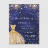 Sweet 16 bleu marine robe or aimant invitation (Devant)