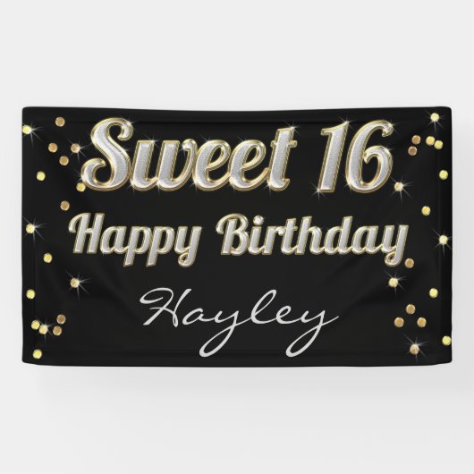 Sweet 16 Bling Typography Gold Confetti Black Spandoek (Horizontaal)