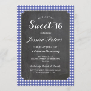 Sweet 16 Blue Check Lights Rustic Chalk Invitation Kaart