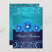 Sweet 16 Blue Flower & Tiara Invitation d'annivers (Devant / Derrière)