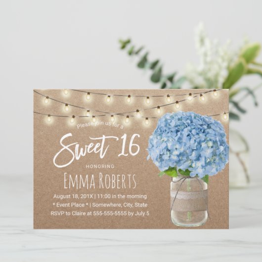 Sweet 16 Blue Hydrangea String Lights Rustic Kraft Kaart (Staand voorkant)