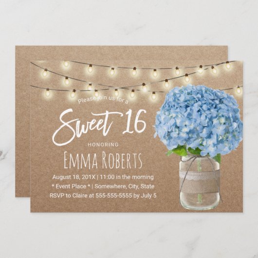 Sweet 16 Blue Hydrangea String Lights Rustic Kraft Kaart (Voorkant / Achterkant)