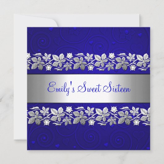 Sweet 16 Blue Silver Floral Love Birthday Party Kaart (Voorkant)