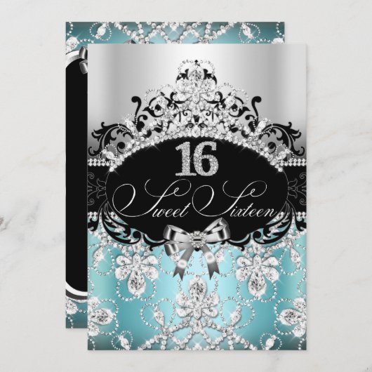 Sweet 16 Blue Sparkle Tiara Invitation d'anniversa (Devant / Derrière)