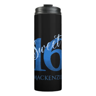 Sweet 16 Blue Waterverf en Faux Glitter Party Thermosbeker