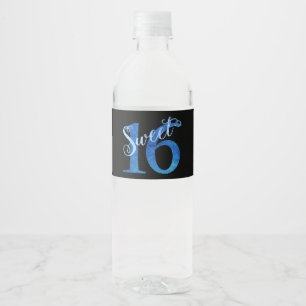 Sweet 16   Blue Waterverf en Faux Glitter Party Waterfles Etiket