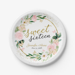 Sweet 16 Blush Floral Pink Butterfly Papieren Bordje