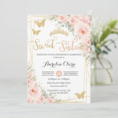 Sweet 16 Blush Pink Floral Champange Butterflies Kaart (Staand voorkant)