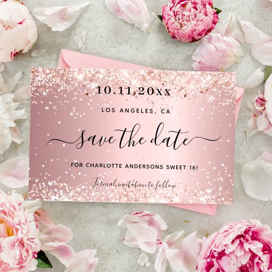 Sweet 16 blush pink save the date card