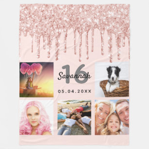 Sweet 16;blush roos Gold glitter foto naam Fleece Deken