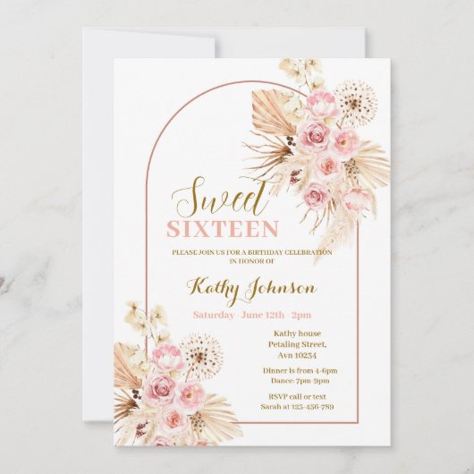 Sweet 16 Boho rose Pampas Grass Girl Invitation (Devant)