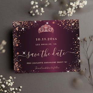 Sweet 16 bordeauxrood roos gold save the date card