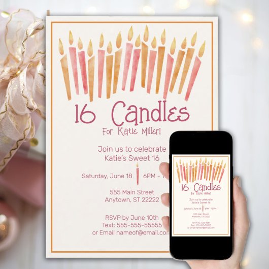Sweet 16 bougies roses Invitation