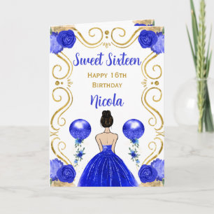 Sweet 16 Brown Hair Princess Blue Happy Birthday Kaart