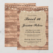 Sweet 16 Burlap Lights Rustic Wood Uitnodiging (Voorkant / Achterkant)