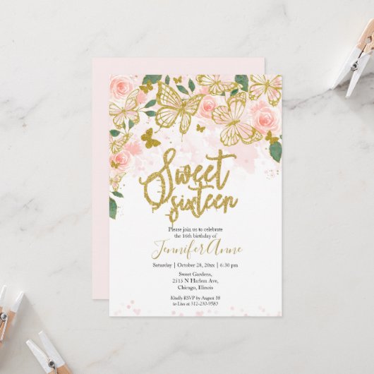 Sweet 16 Butterfly Invitation Blush Floral Gold (Devant/Arrière en situation)