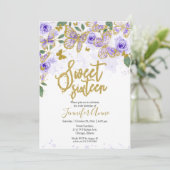 Sweet 16 Butterfly Invitation Paars Floral Gold Kaart (Staand voorkant)