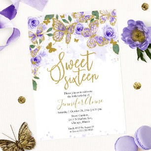Sweet 16 Butterfly Invitation Paars Floral Gold Kaart