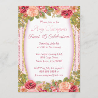 Sweet 16 Card Pink Floral Gold Glitter Kaart