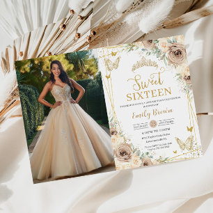 Sweet 16 Champagne Bruin Bloemenvlinders Foto Kaart