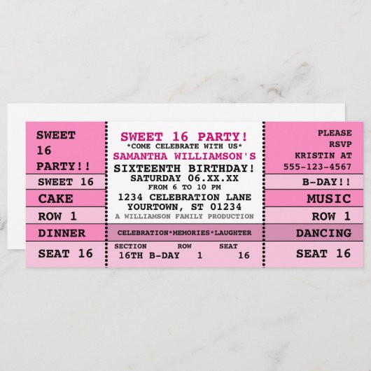 Sweet 16 Concert Ticket Invitation (Devant / Derrière)